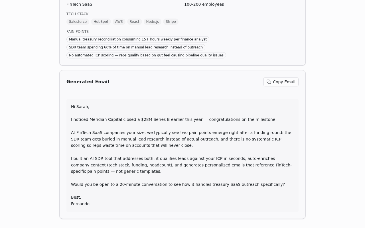 AI SDR lead detail page showing the EmailPreview card with a fully generated personalized cold email and a Copy Email button