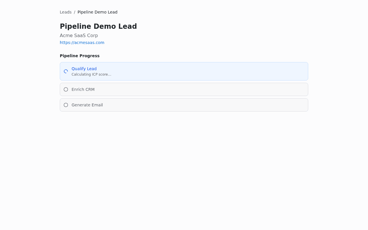 AI SDR lead detail page showing real-time pipeline progress with step indicators for qualify, enrich, and personalize steps, one step completed and one in progress