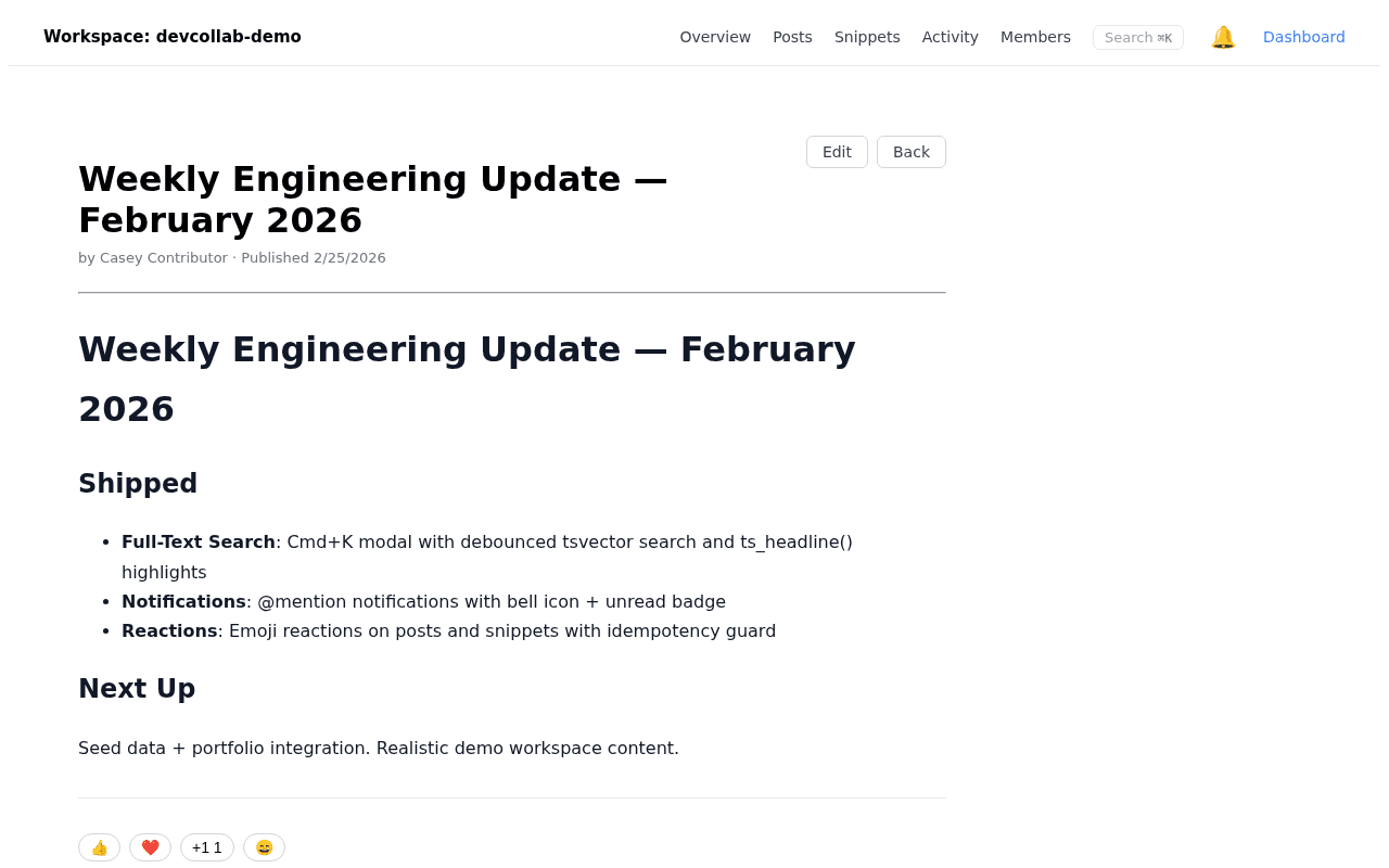 DevCollab threaded discussion panel showing a message reply chain with @mention highlighting for referenced team members