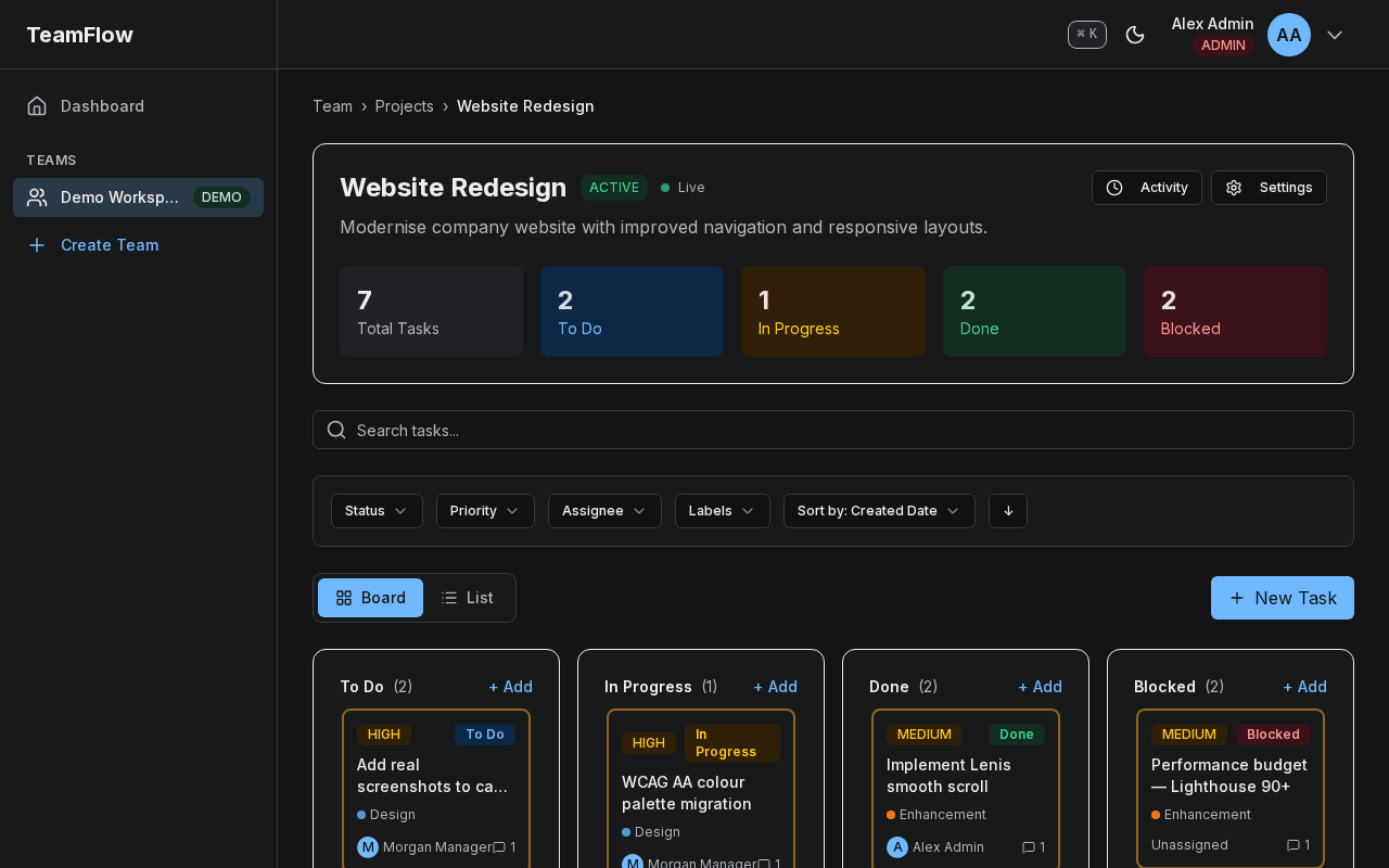 TeamFlow Kanban board showing task columns with drag-and-drop cards organized by status: To Do, In Progress, and Done