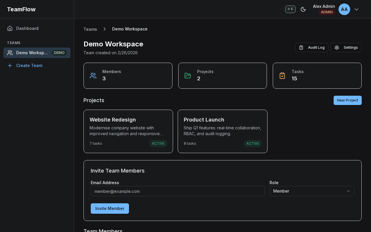 TeamFlow real-time presence indicators showing team members online status with green activity dots