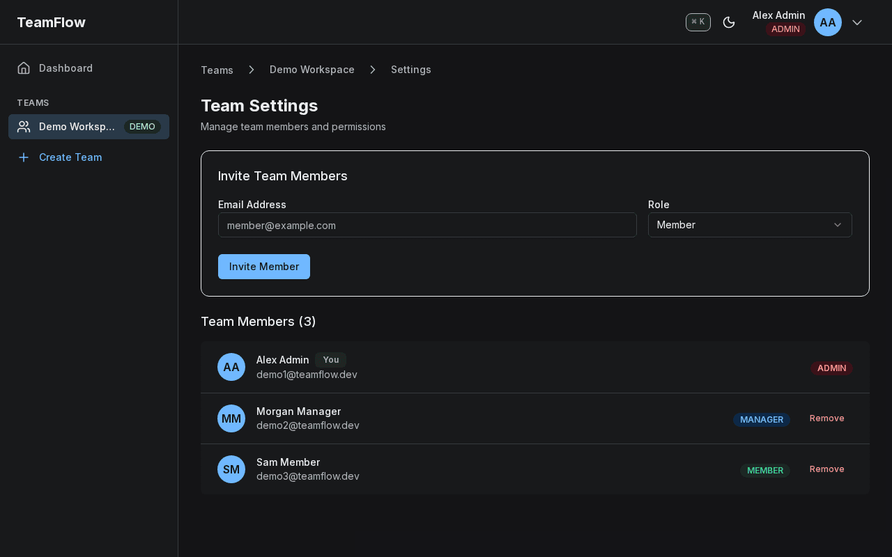 TeamFlow team management page showing role-based access control with member roles: Owner, Admin, and Member